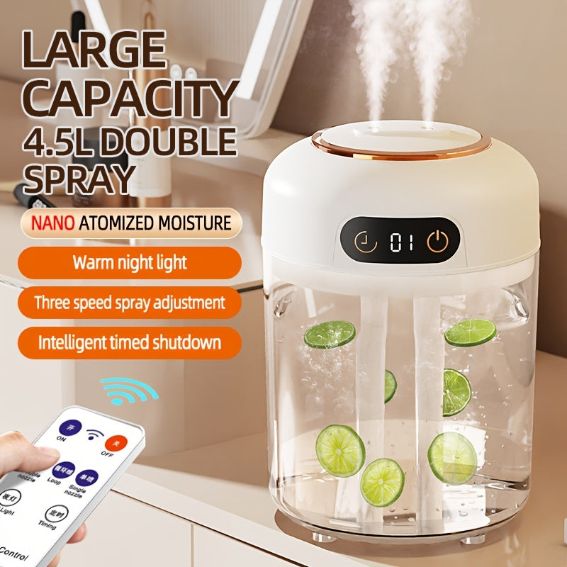 4.5L dual spray water humidifier with quiet operation and remote control via USB charging.