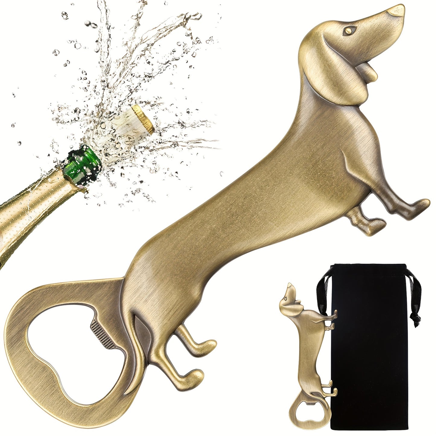 Dachshund bottle opener for beer, wine, and juice, ideal for bars, clubs, and home entertaining, including a velvet pouch. Perfect for summer drinks.