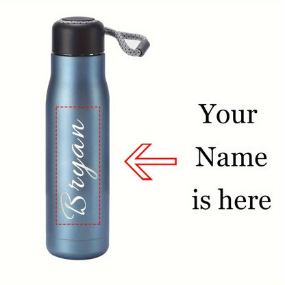 Personalized thermos bottle with laser-engraved text on stainless steel featuring rope design.