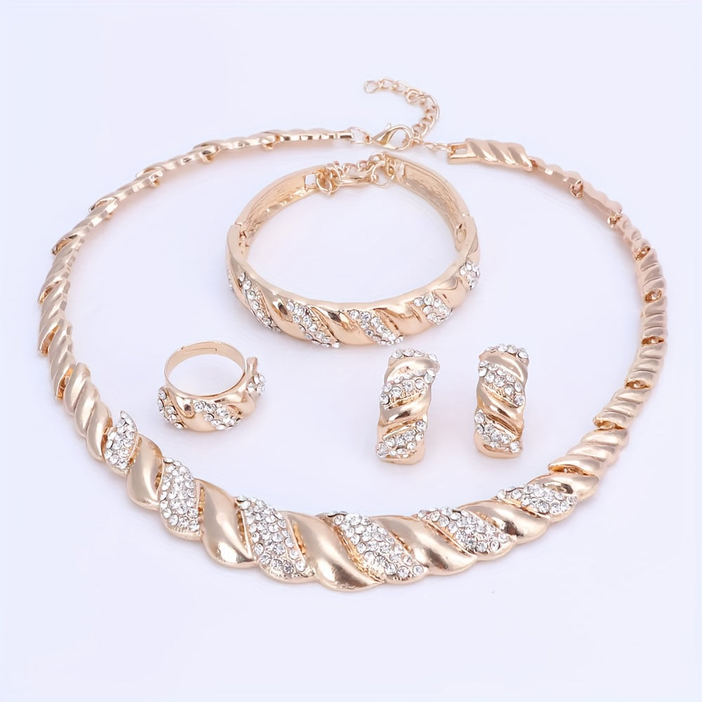 A stunning jewelry set, featuring a Middle Eastern-inspired design with gold-plated artificial crystals. This set includes a necklace, bracelet, earrings, and ring, perfect for women to wear at wedding parties or give as gifts.