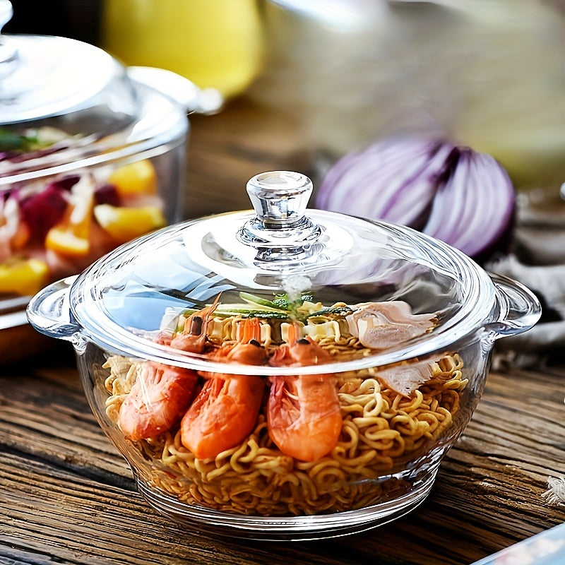 Heat-resistant clear glass casserole dish with lid, 1000ml/33.82oz capacity. Induction compatible and multipurpose kitchen cookware for soup, salad, and noodles. Pattern-free design.