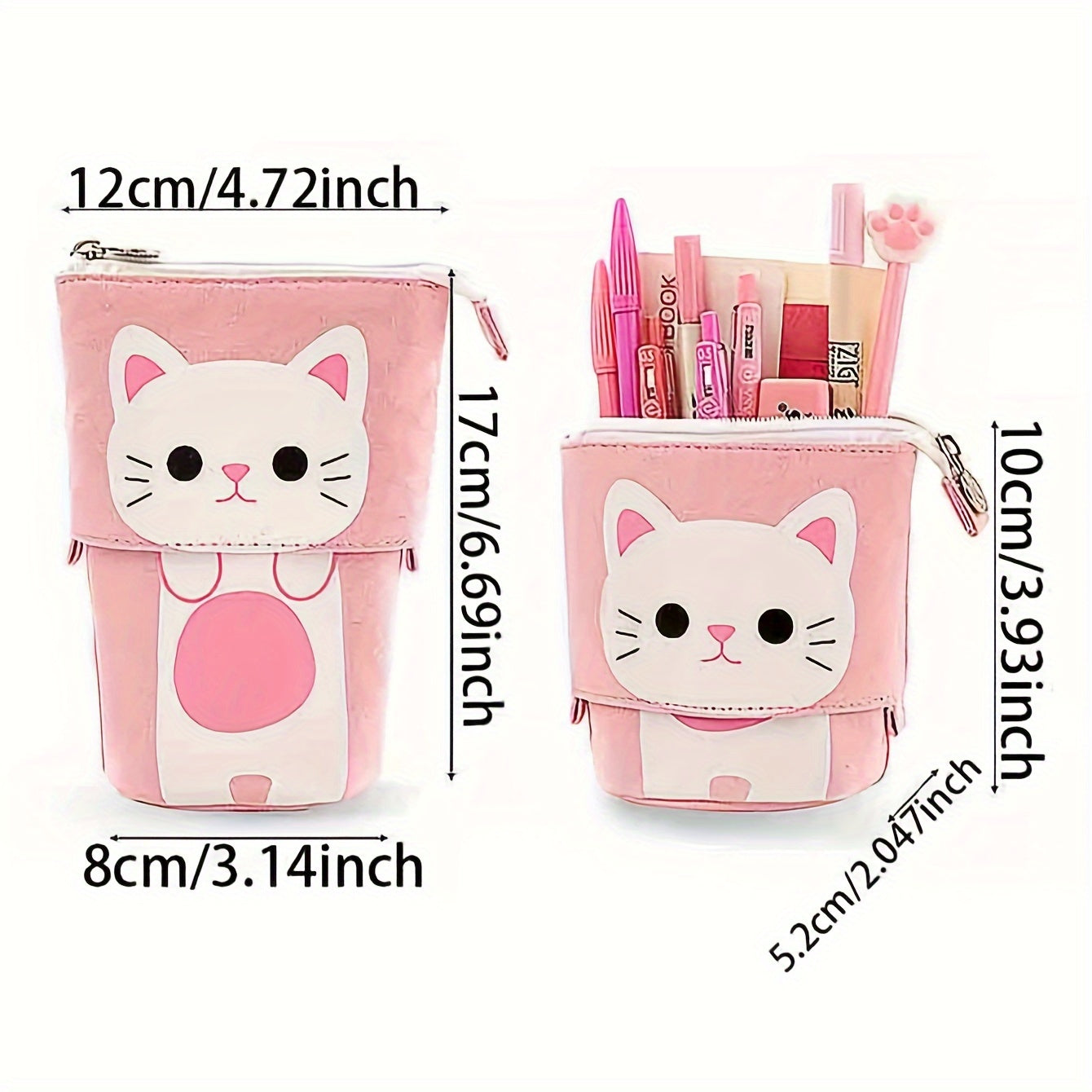 Canvas cat pencil case with zippered expandable design, 2-in-1 telescopic pouch for students.