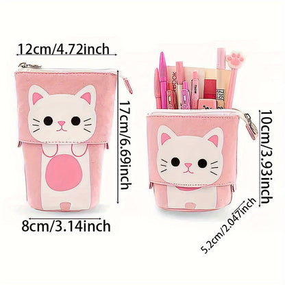 Canvas cat pencil case with zippered expandable design, 2-in-1 telescopic pouch for students.