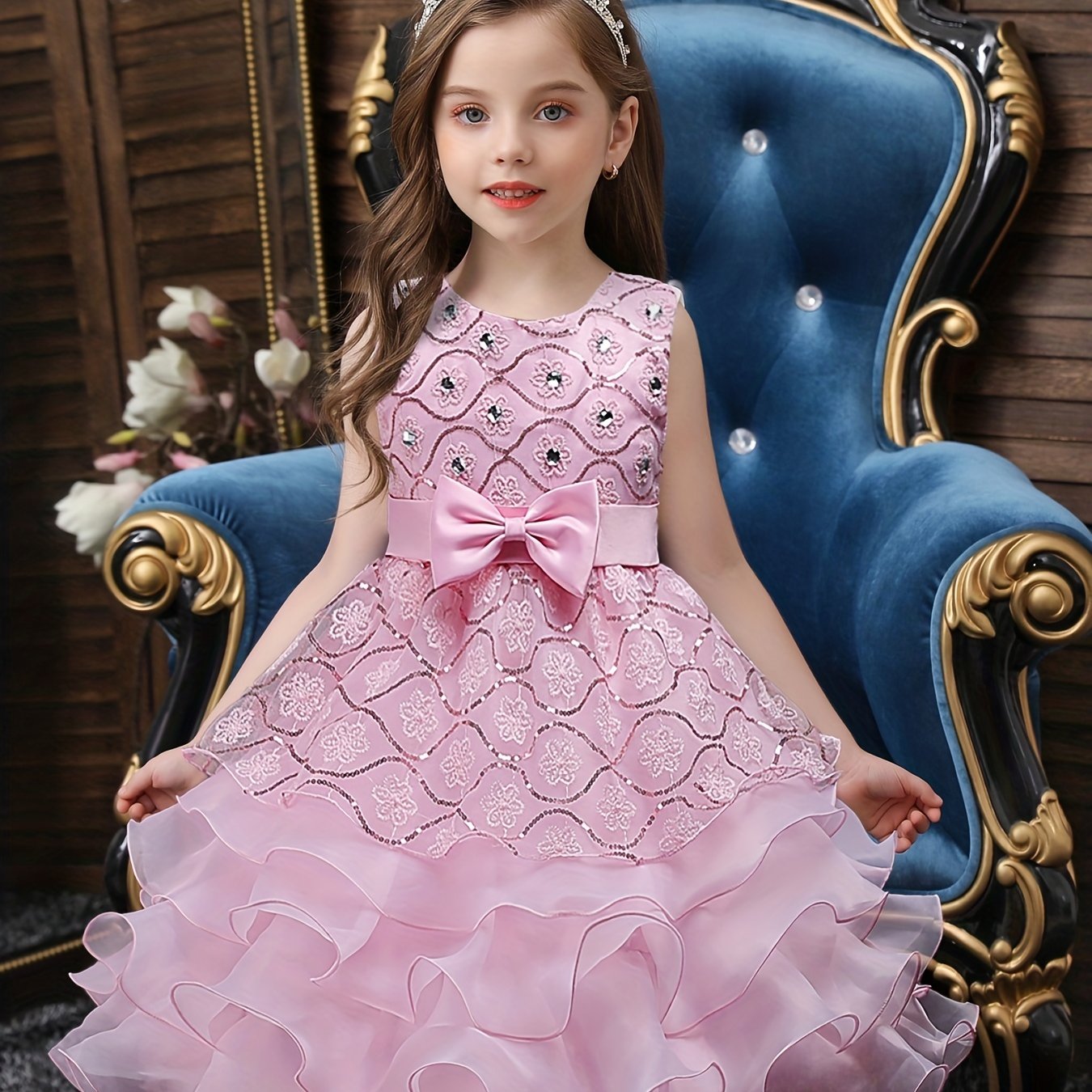 Girls Sleeveless Sequin Flower Princess Dress for Piano Performance, Wedding, Birthday Party