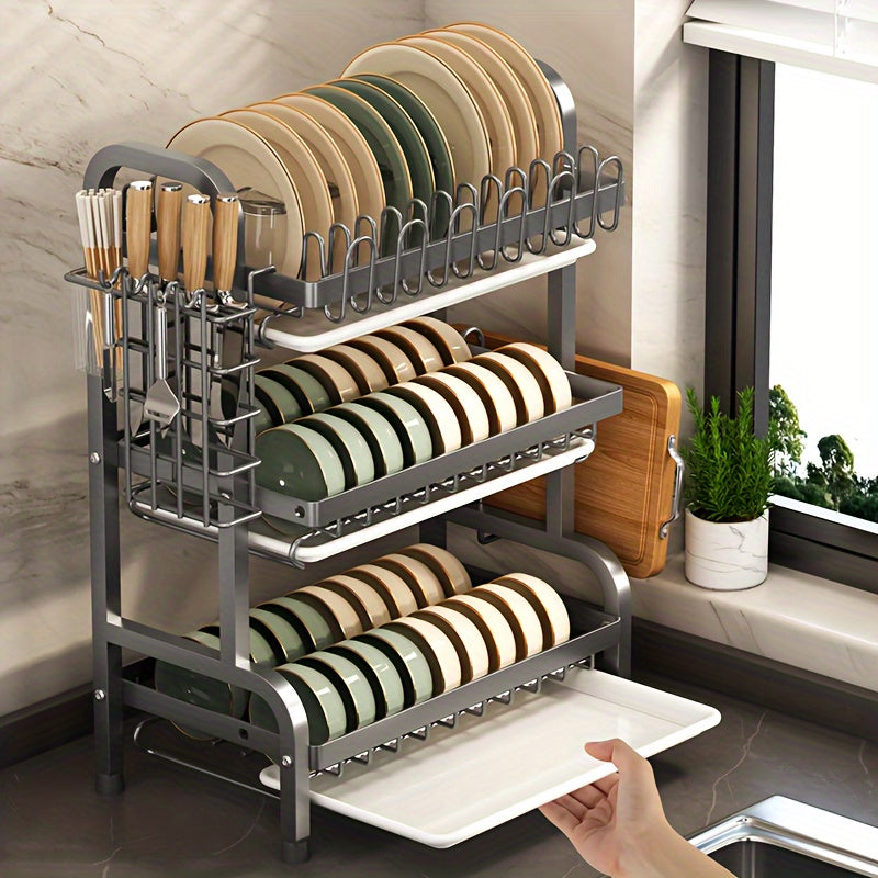 Modern 3-Tier Metal Dish Rack with Drainboard, Kitchen Organizer with Utensil Holder and Cup Stand