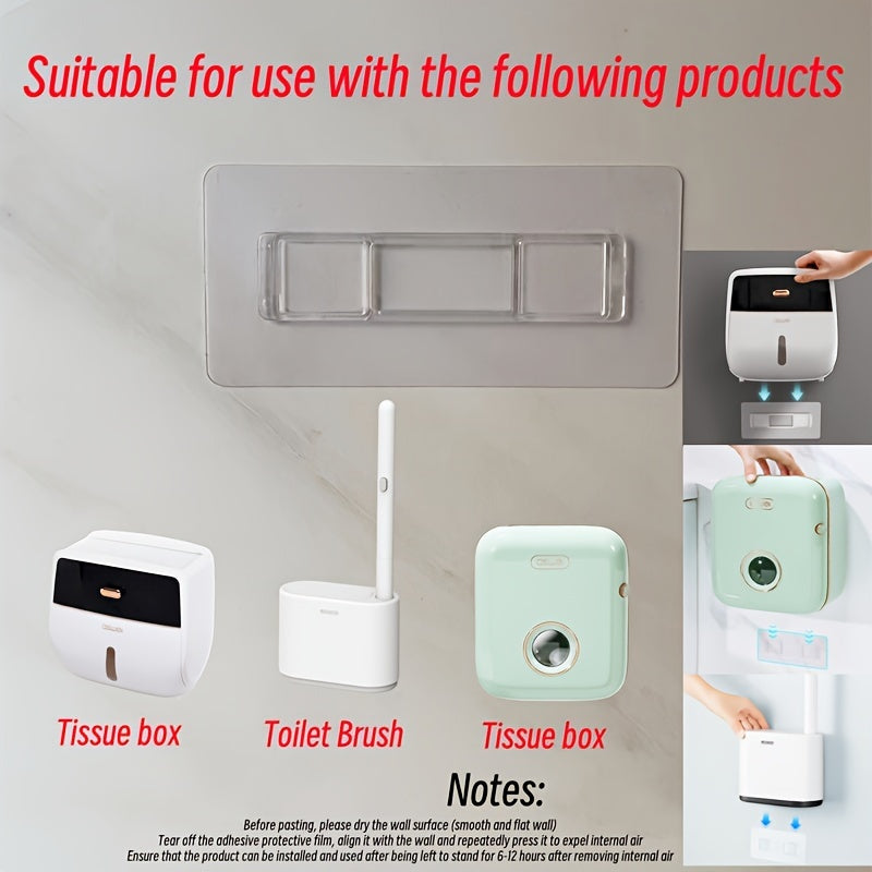 No-drill hooks for bathroom accessories, ideal for tissue boxes, toilet brushes, toothpaste dispensers, and mop holders