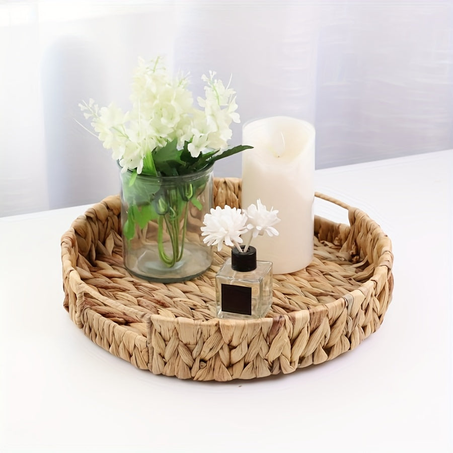 Round water hyacinth wicker tray for organizing snacks, toys, and more. Non-waterproof storage solution.