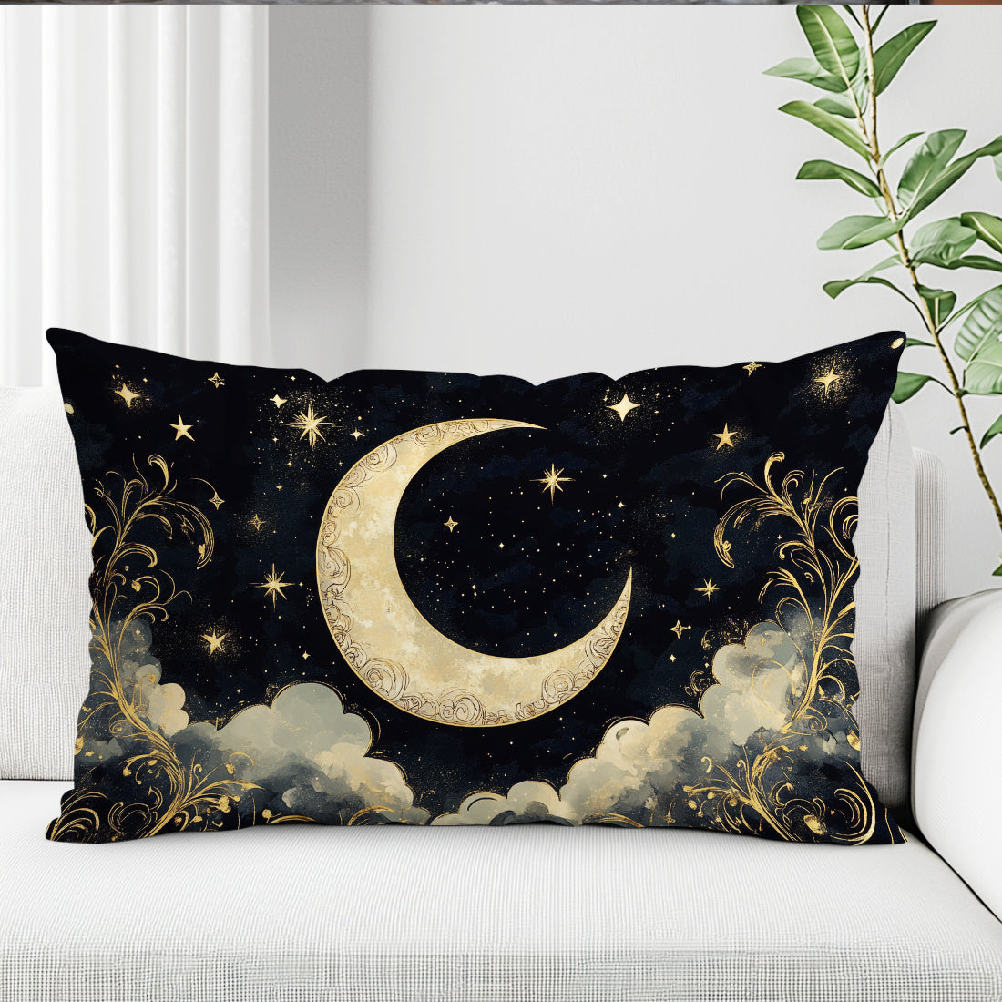 Contemporary crescent moon and stars print pillow cover, 30x50cm, made of soft peach skin velvet with zipper closure. Machine washable and suitable for various room types.