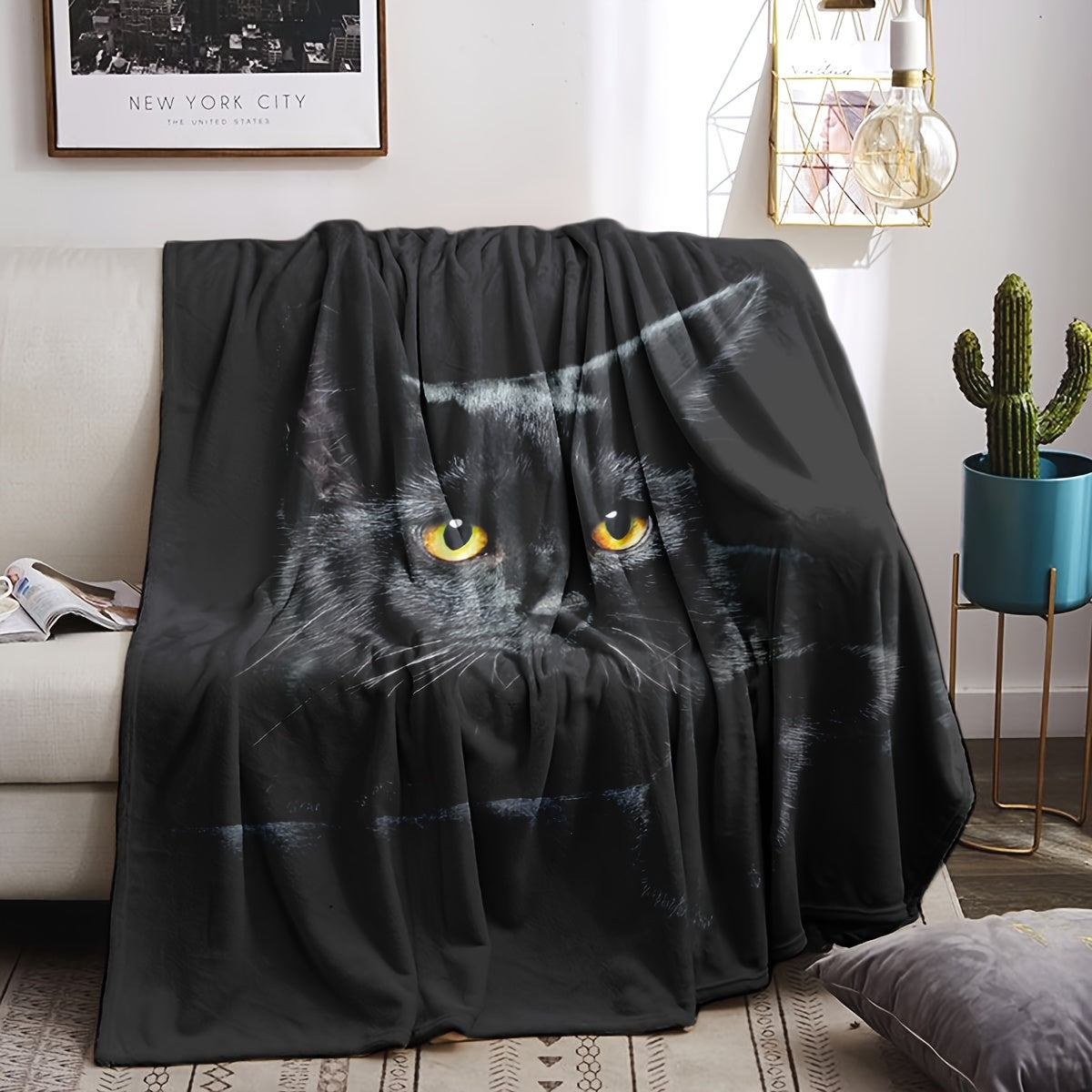 Soft, ultra-black cat print flannel throw blanket - great for couch, bed, car, office, or camping - a versatile and practical gift for all seasons.