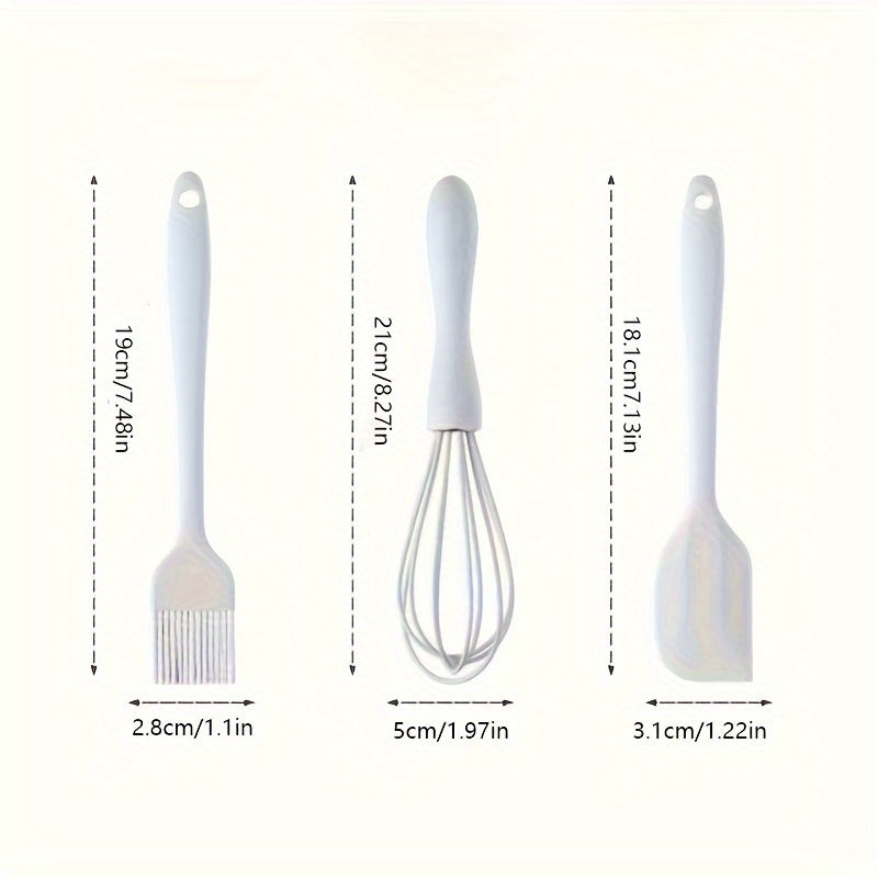 Barcha-birga to'plami silikon uy pishirish asboblari - 3 dona, 4 dona yoki 6 dona o'z ichiga oladi - yuqori haroratga chidamli va yopishmaydigan mini oshxona asboblari, masalan, tort qirqgich, oziq-ovqat klipi, viski, moy cho'tkasi, qoshiq va spatula.