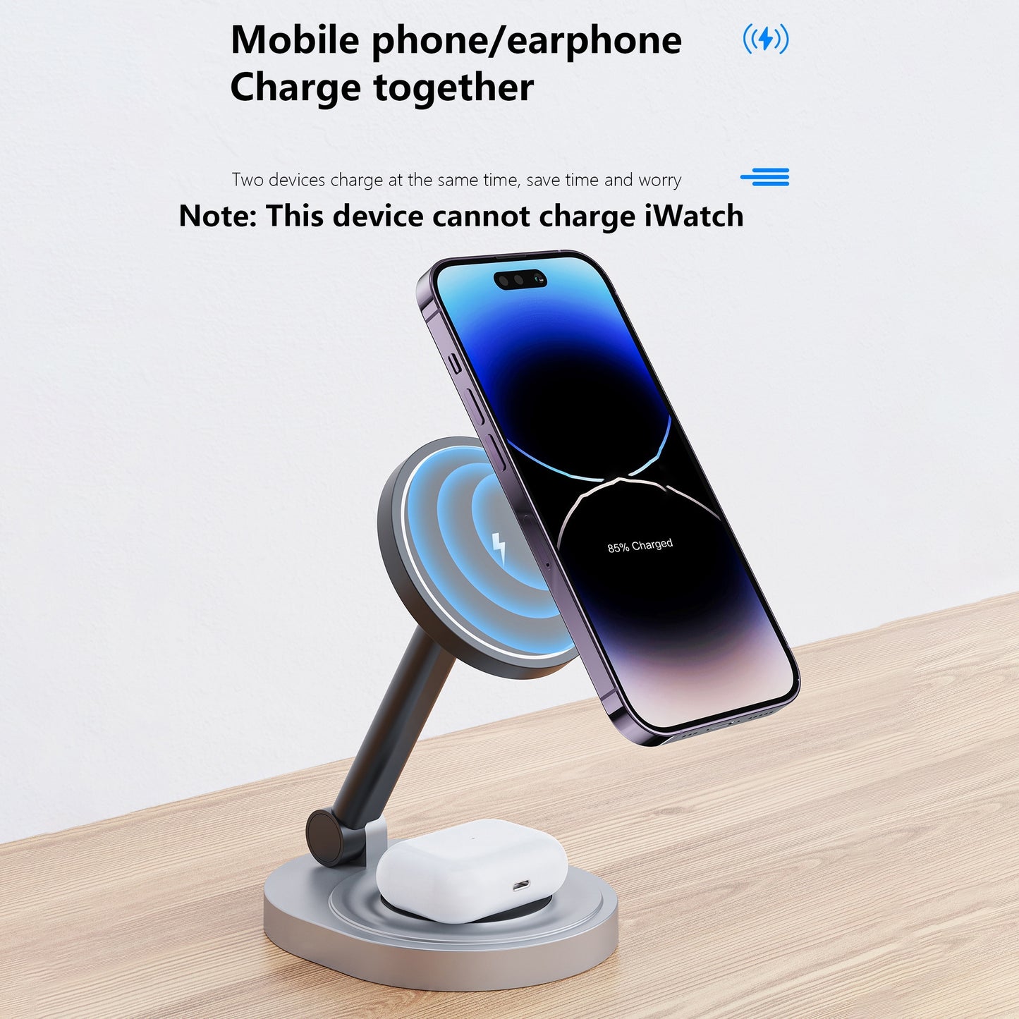 2in1 Fast Magnetic Wireless Charger Stand for iPhone and AirPods, compatible with multiple devices.