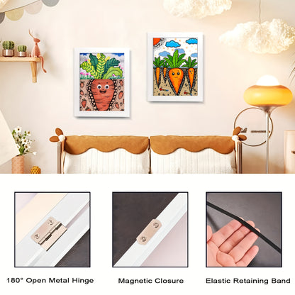 Kid's magnetic wooden picture frame for drawings and schoolwork with a lightweight design and vertical orientation, perfect for ages 3-12. Great for gifting at school or graduation.