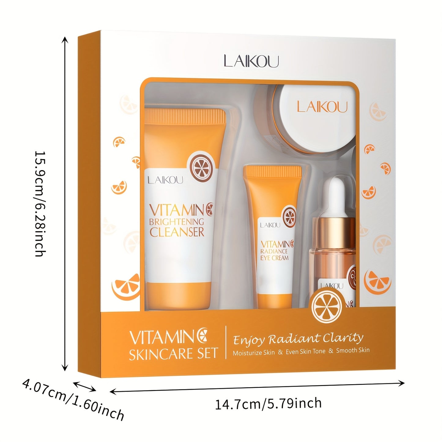 LAIKOU Vitamin C Skincare Gift Set includes 4 hydrating & moisturizing facial care products with hyaluronic acid, suitable for all skin types.