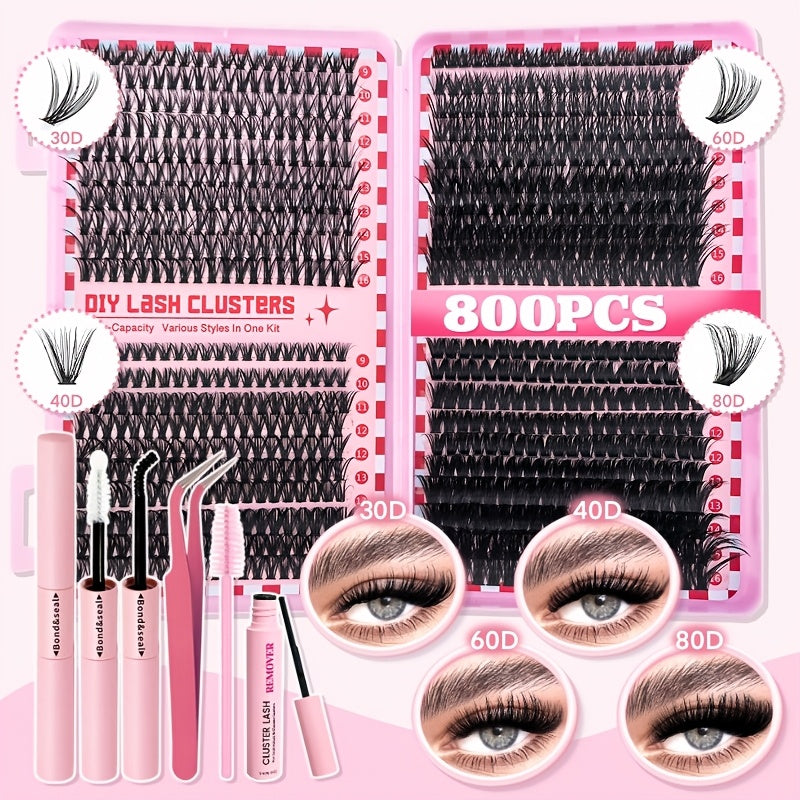 DIY Eyelash Extension Kit with 800pcs D-Curl Doll lashes in various styles and thicknesses, 9-16mm Mix Lash Clusters, and essential tools for easy at-home application.