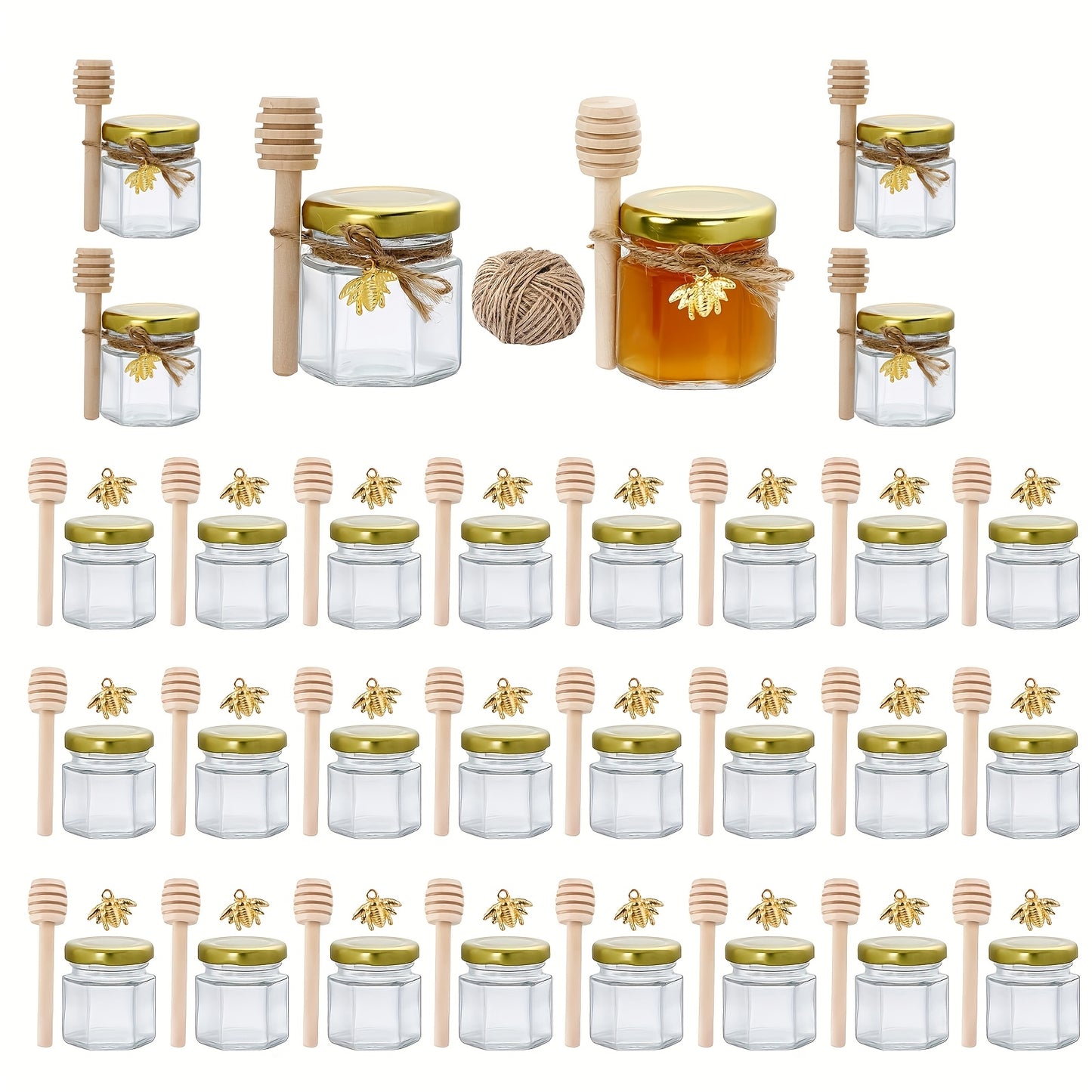 60/50/30/20 Honey Jars, 1.5 oz Hexagon Mini Glass Jars with Wood Dipper, Golden Lid, Bee Pendant, Jute Rope - Perfect for Jam, Candies, Baby Showers, Weddings and Favors.