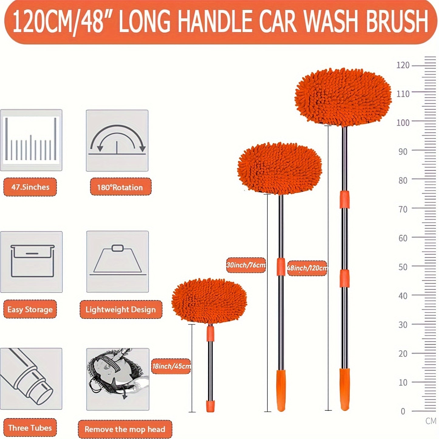 120.65cm Microfiber Car Wash Brush Set, No Paint Damage, Long Handle, 2in1 for Cars, Trucks, SUVs, RVs, Trailers, Boats.