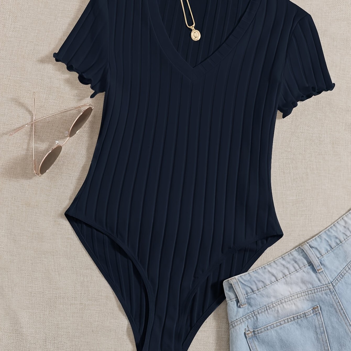 Solid V Neck Rib Knit Bodysuit for women