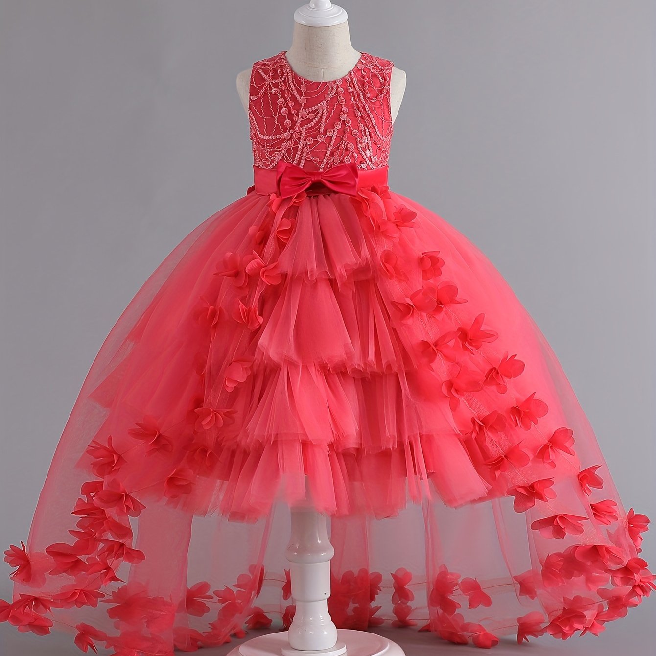 Girls' sleeveless princess gown with floral embroidery and tulle skirt, perfect for pageants, weddings, and formal events. Machine washable, made of polyester.