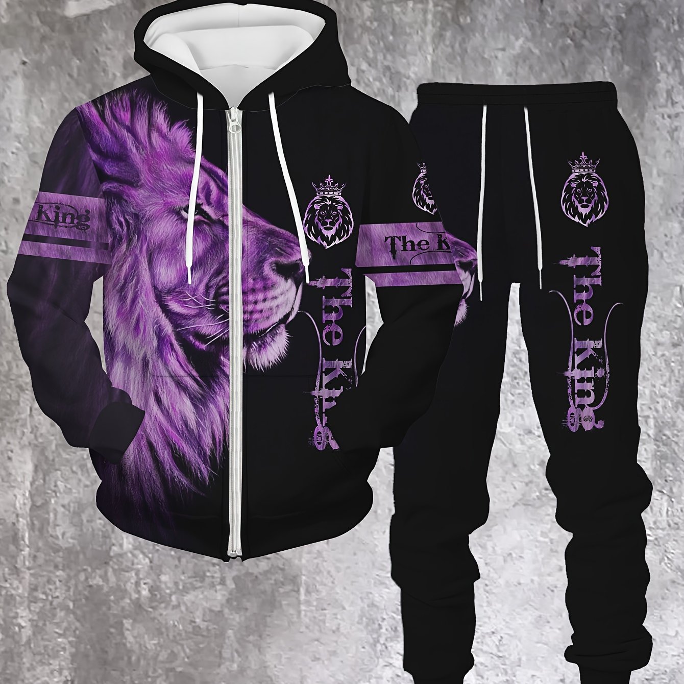 Men's Lion King Zip-Up Hoodie and Jogger Set - Casual Loungewear with Lion Design, Machine Washable