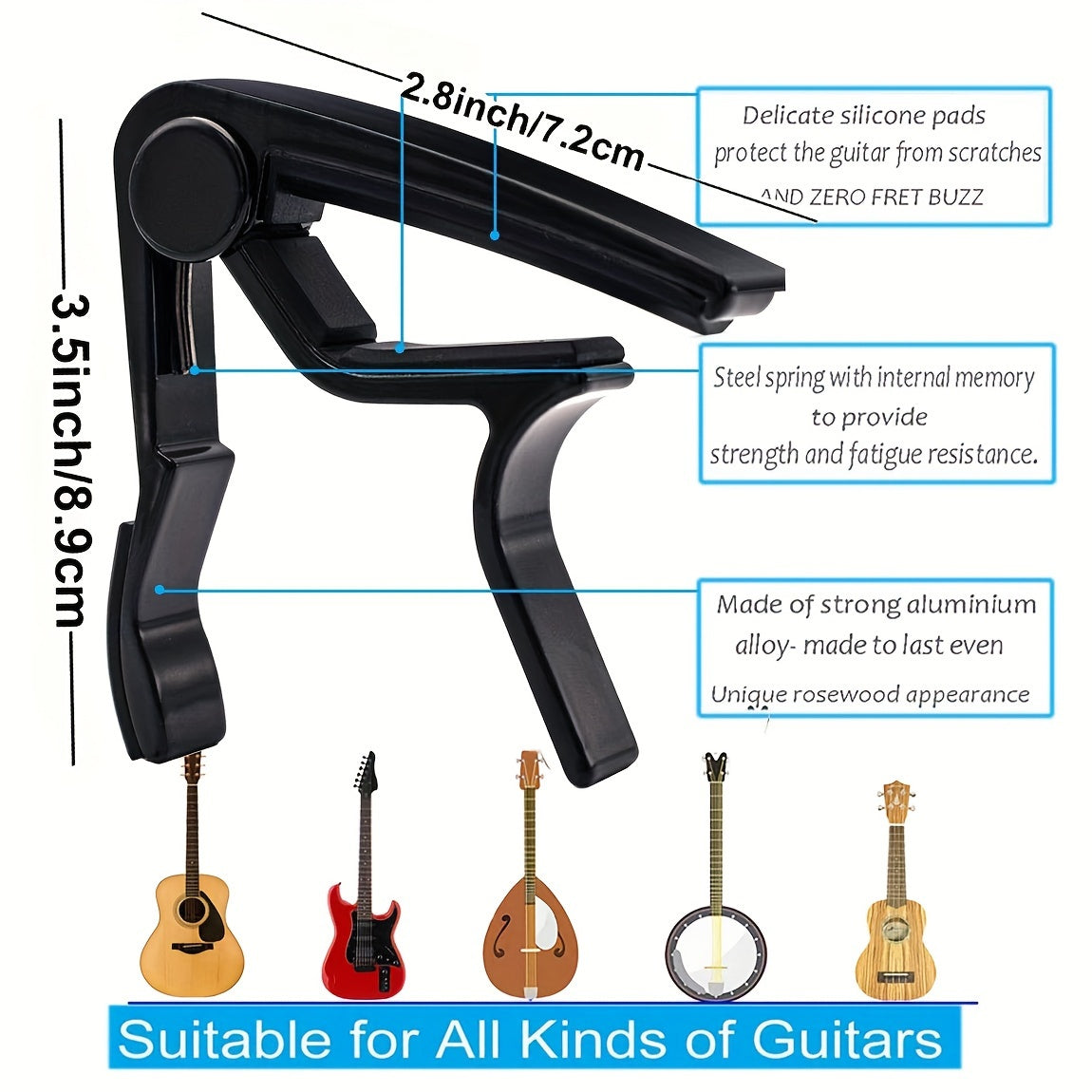 Alloy Guitar Capo Set with Tuner, Picks Holder, 5 Picks - Versatile for Various Instruments - Black