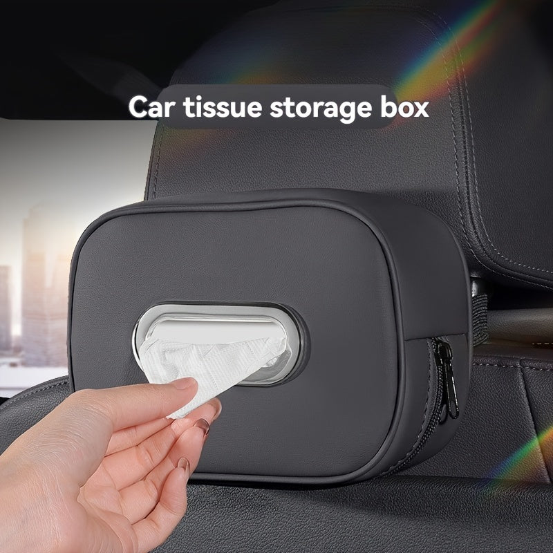 1pc PU Leather Car Tissue Box Holder - Multi-functional storage organizer for vehicle interior.