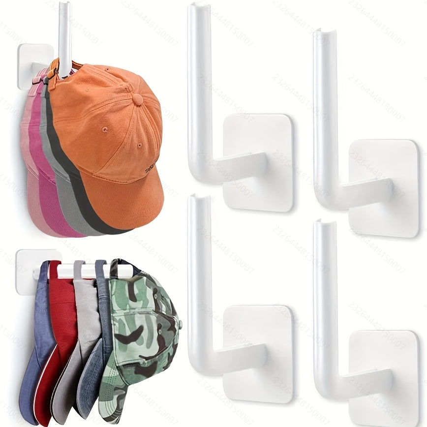 Pack of four plastic hat hooks that are self-adhesive and punch-free - they can be easily mounted on the ceiling without the need for electricity. These hooks are ideal for organizing your entryway, bathroom, or bedroom in a space-efficient manner using