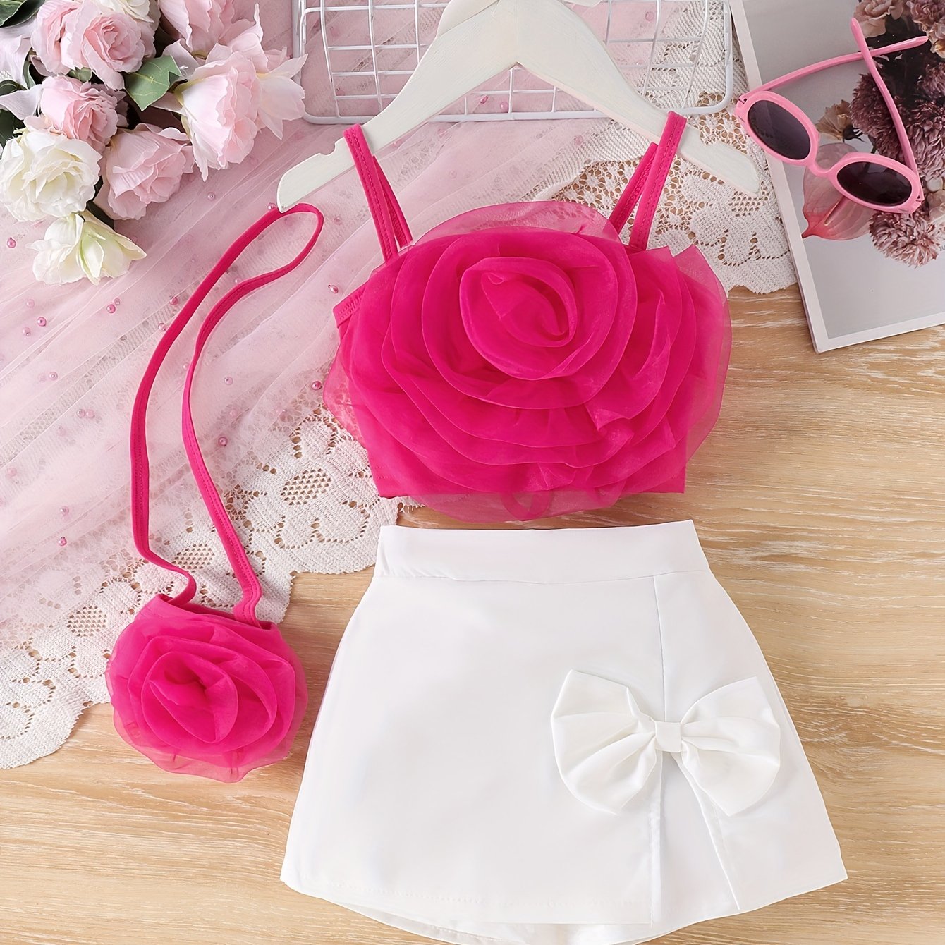 3 piece girls outfit set with cute rose decor camisole and bow skirt, perfect for summer and casual outings.