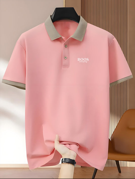 Men's Pink ROOS Golf & Tennis shirt is a stylish and comfortable option for casual summer wear. Made from breathable polyester, it features a contrast collar and button detail. This durable