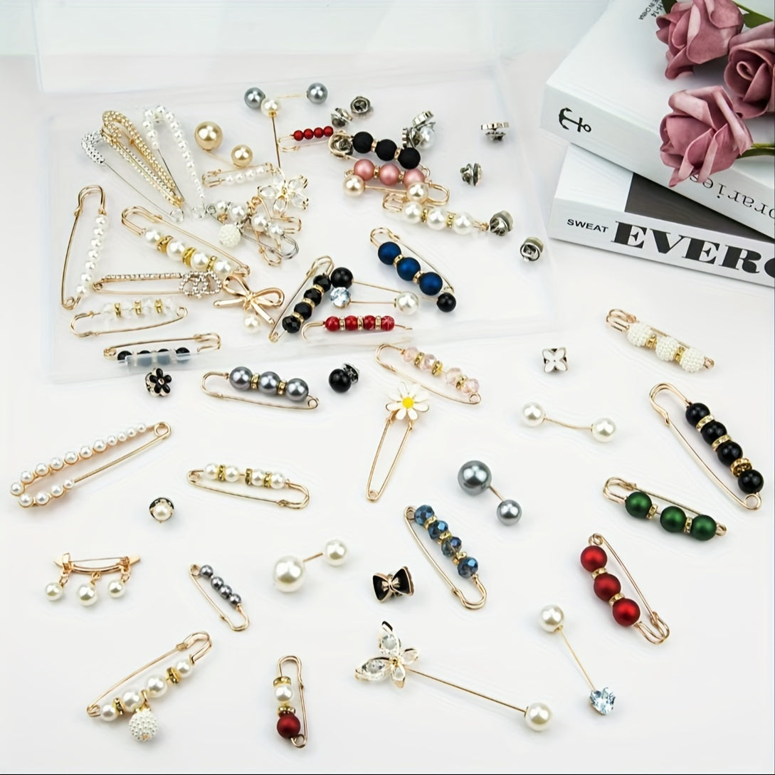 Stylish Set of 60 Brooches featuring Faux Pearls & Rhinestones - Multipurpose Accessories for Shirts, Sweaters, Shawls, Hats & Waist - Comes with a Convenient Storage Box