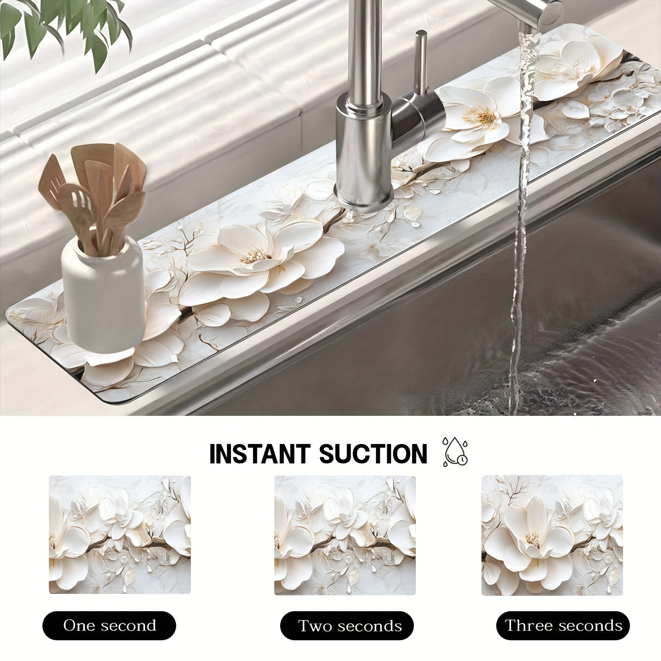 Add a touch of elegance to your kitchen or bathroom with this 3D floral faucet mat in white. Made of durable and moisture-proof polyester, it is splash absorbent and features a suction cup for easy installation. Perfect for adding some style to your