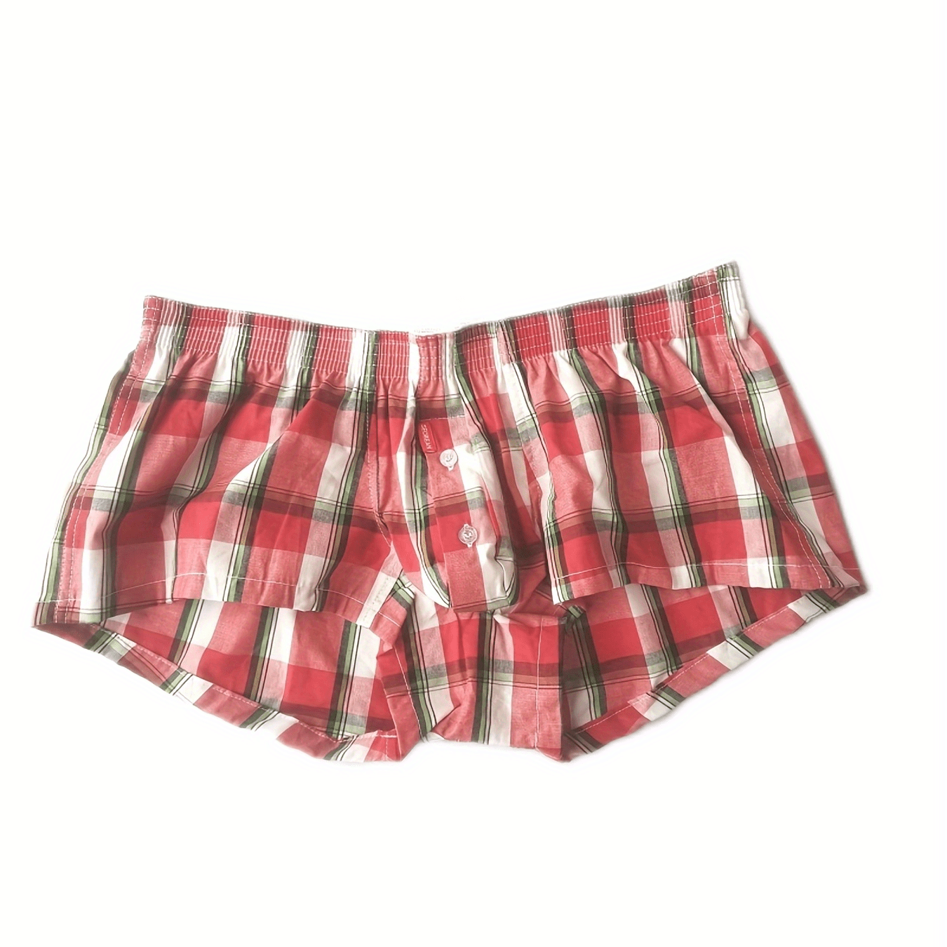 Men's flat corner underpants with front button opening, made of thin pure cotton, low waist sexy plaid shorts.