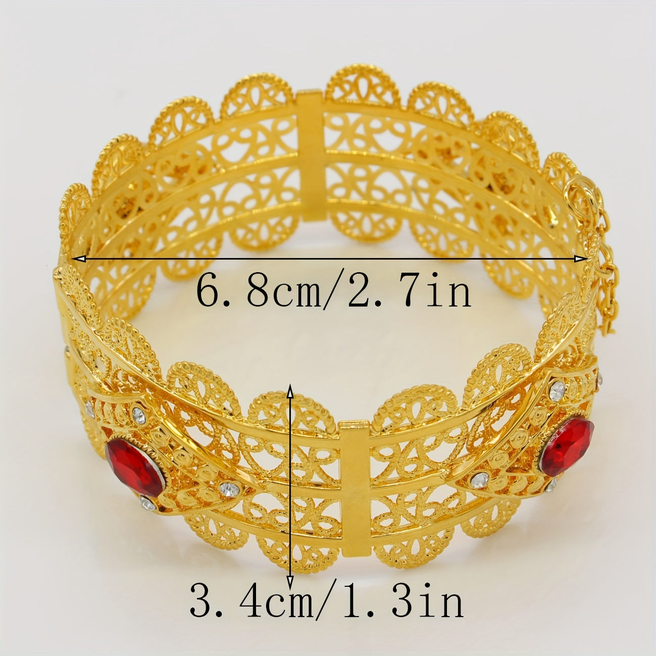 Elegant Arabian-inspired 18K Gold Plated Hollow-Out Cuff Bangle adorned with Synthetic Cubic Zirconia - Adjustable Open Bracelet perfect for Women, suitable for both everyday wear and special occasions like weddings.