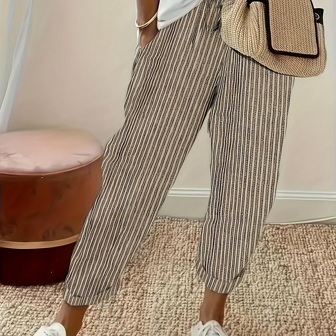 Plus Size Stripe Pattern Pocket Pants for Spring and Summer, featuring Casual Elastic Waist and designed for Women's Plus Size Clothing.