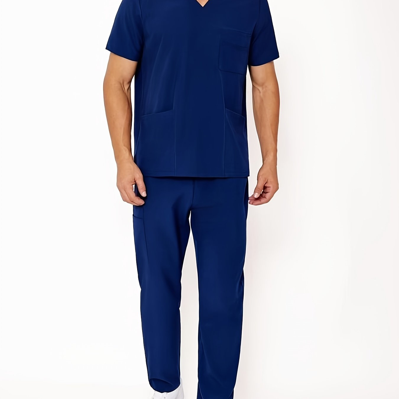 Men's Summer V-Neck Scrub Set with Pockets - Casual, Machine Washable Workwear for Medical Staff