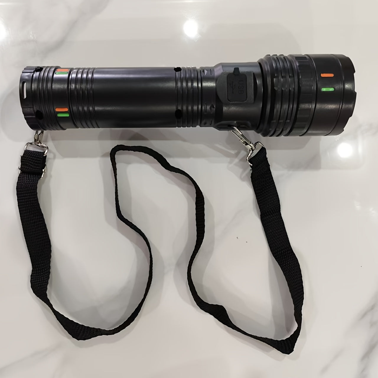 Ultra bright LED flashlight with 1000 lumens, 4 modes, 200m range, and adjustable beam. Includes a 3600mAh lithium battery that is USB Type-C rechargeable. Made of ABS material and suitable