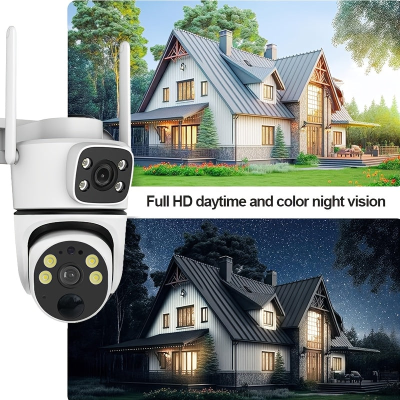 Solar-Powered Dual-Lens Surveillance Camera by ANYAZHINENG, featuring 1080p HD resolution and WiFi connectivity. This wall-mounted security cam includes two-way audio, motion detection, and night vision capabilities. Accessible remotely through an