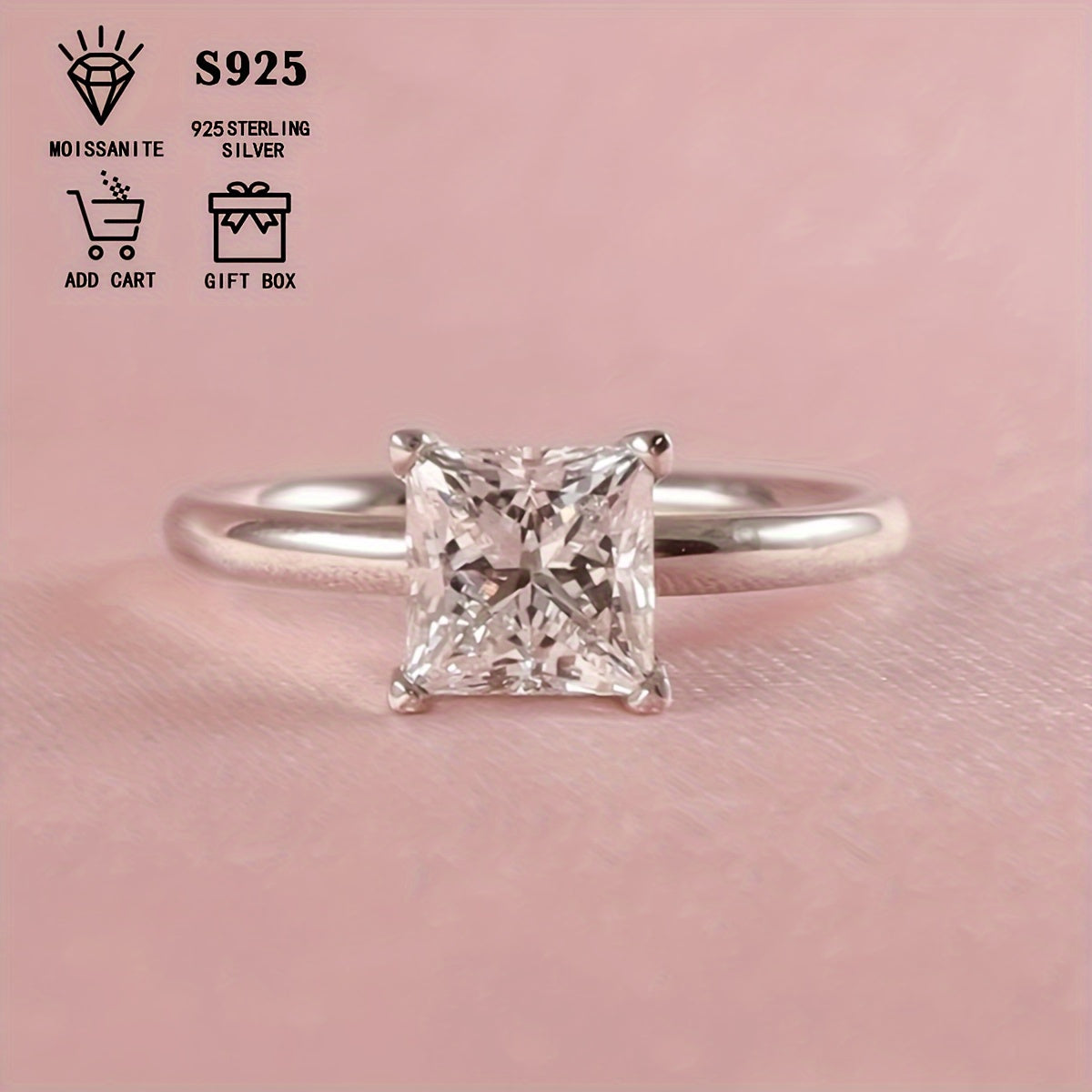 1 carat/2 carat/3 carat Elegant Bohemian Square Moissanite Princess Cut Ring for Women, made of 925 Sterling Silver, Hypoallergenic, Comes with Certificate and Gift Box, Ideal for Daily Wear, Anniversary, Wedding, and Valentine's Day Gift