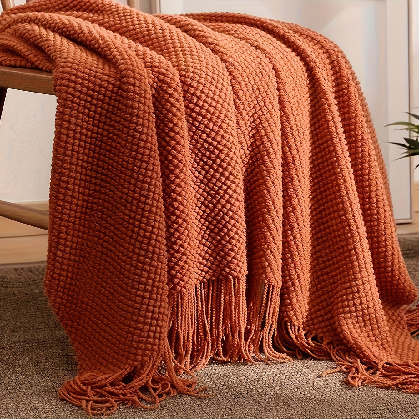 Orange Knit Throw Blanket with Long Tassels - Lightweight, Bubble Textured, Soft Blanket for Bed, Couch, Sofa, Chair, Outdoor Picnics - All Season Use - 1 Piece