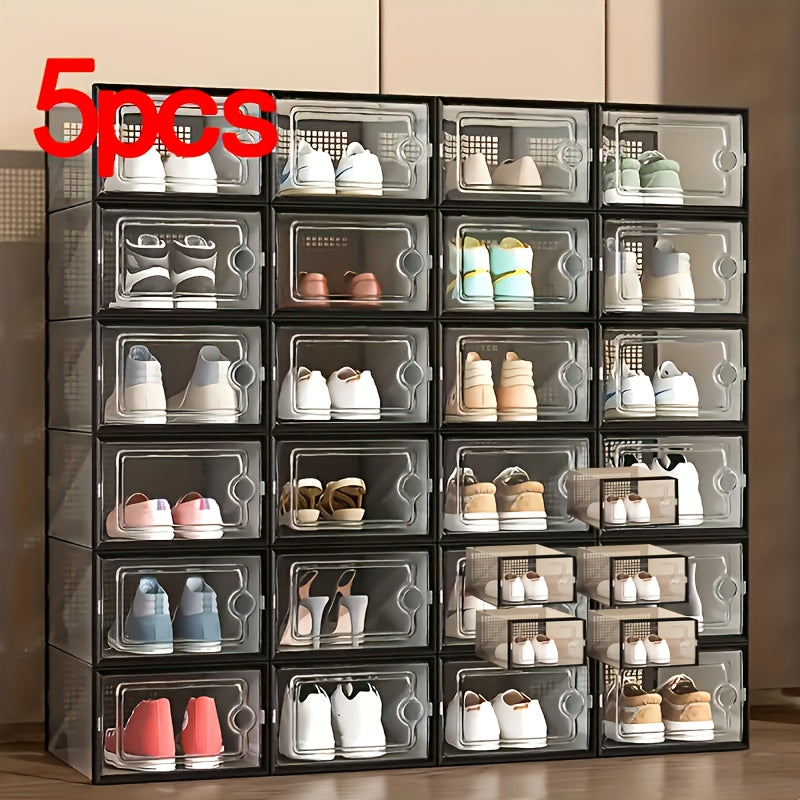 An assortment of clear plastic shoe containers in different dimensions, created for easy stacking and acting as multiple-tier shoe storage units that keep dust at bay. These adaptable shoe organizers are ideal for showcasing in homes and dorm rooms