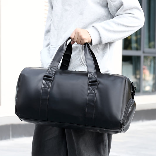 Vintage style men's large capacity black duffel bag with telescopic handle, edge paint detail, and versatile carrying options. Perfect for business trips, weekend getaways, and casual