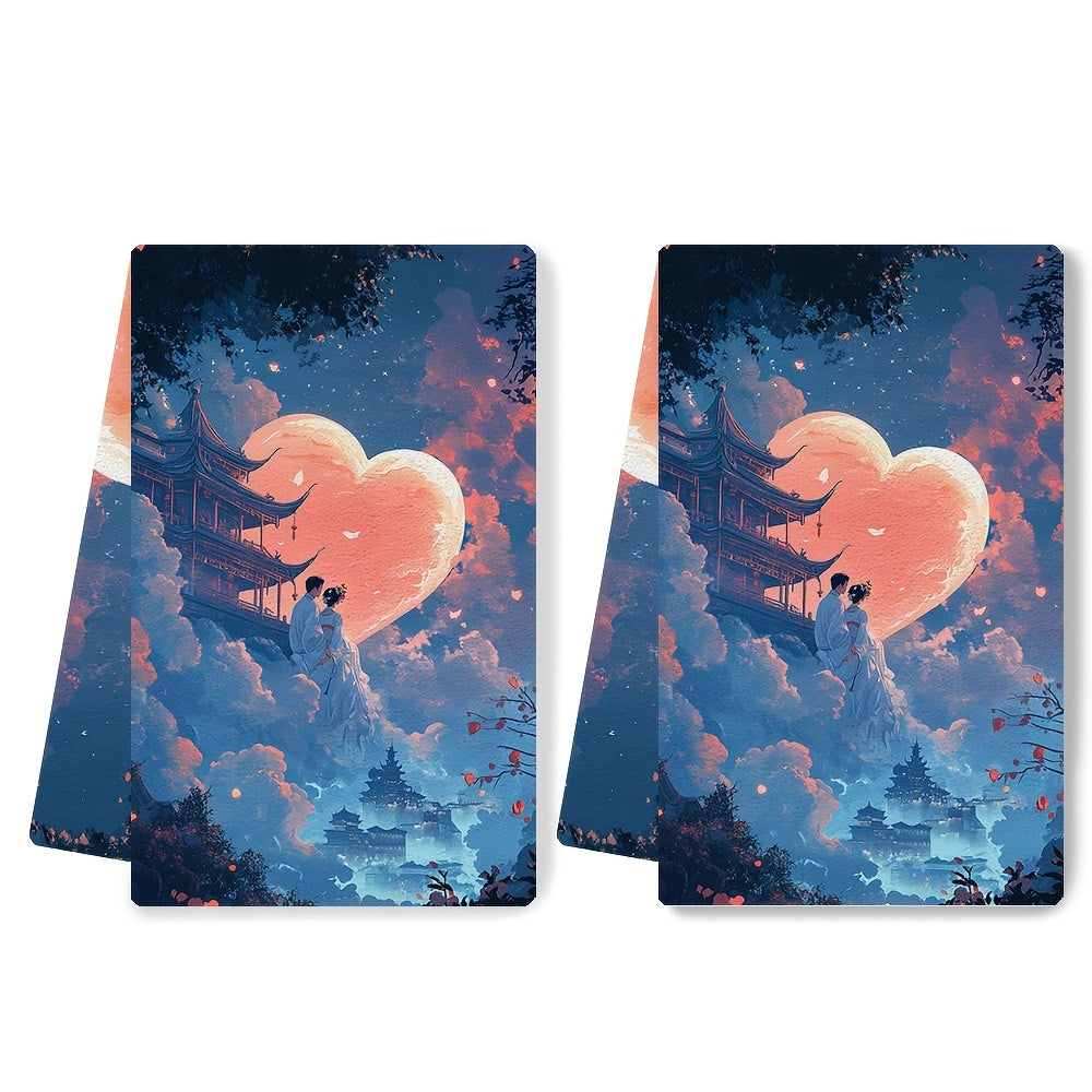 Set of 2 Ultra Soft Kitchen Towels featuring a Couple in Traditional Chinese Attire on a Heart Shaped Cloud overlooking a Celestial Palace, perfect for Holiday Decor. These Highly Absorbent Dish Hand Towels are Machine Washable and measure 16x24 inches.