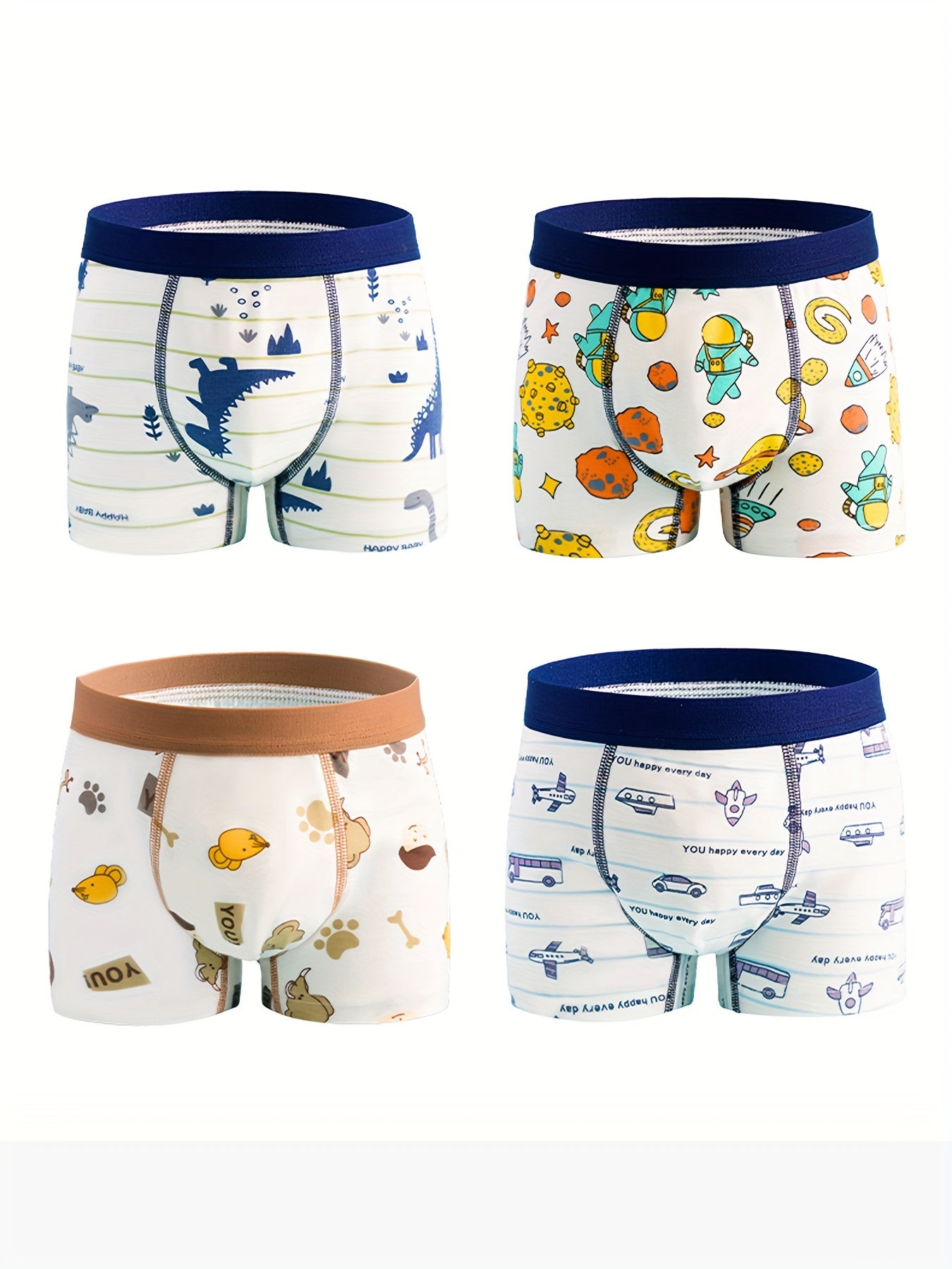 Set of 4 boys' cotton boxer briefs with cute cartoon designs, soft and breathable, ideal for all seasons.