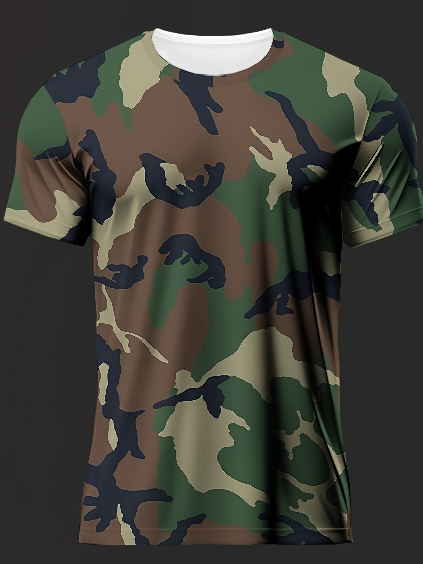 Men's Camo Print Summer Shirt - Short Sleeve, Breathable Polyester, Round Neck