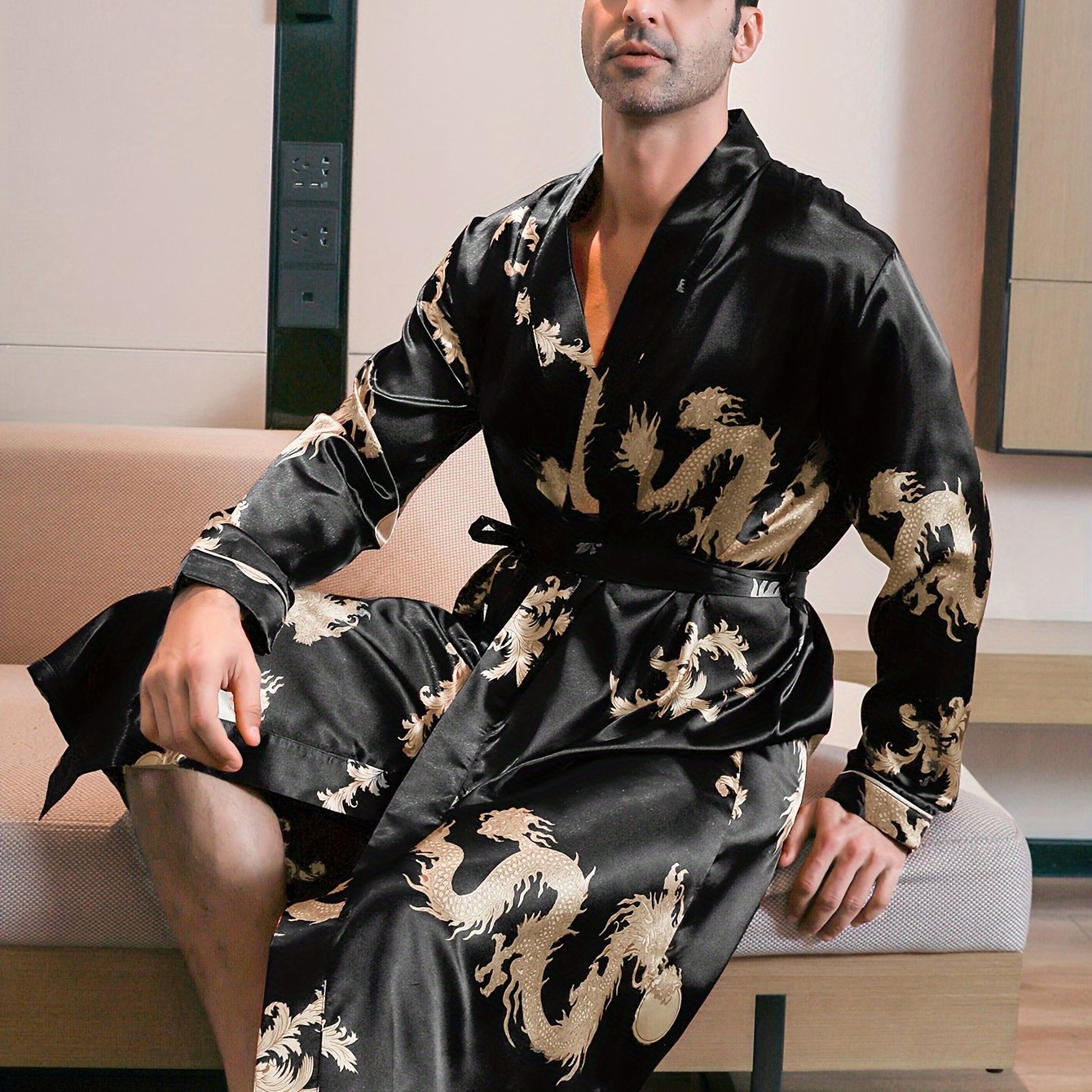 Men's long-sleeve robe with golden dragon print, ideal for loungewear or pajamas in any season.