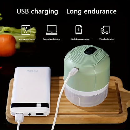 Round plastic container containing a portable multifunctional food chopper that is USB rechargeable. This versatile appliance can be used as a vegetable dicer, garlic masher, manual food processor, and electric mini kitchen appliance with a lithium