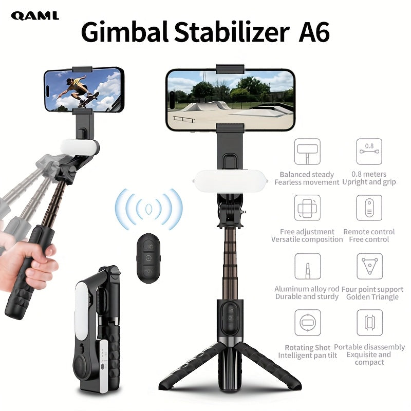 QAML A6 2025 Handheld Gimbal Stabilizer with Selfie Stick Tripod Stand, Wireless Remote, USB Charging, ABS Material, Compatible with iPhone & Android Devices.