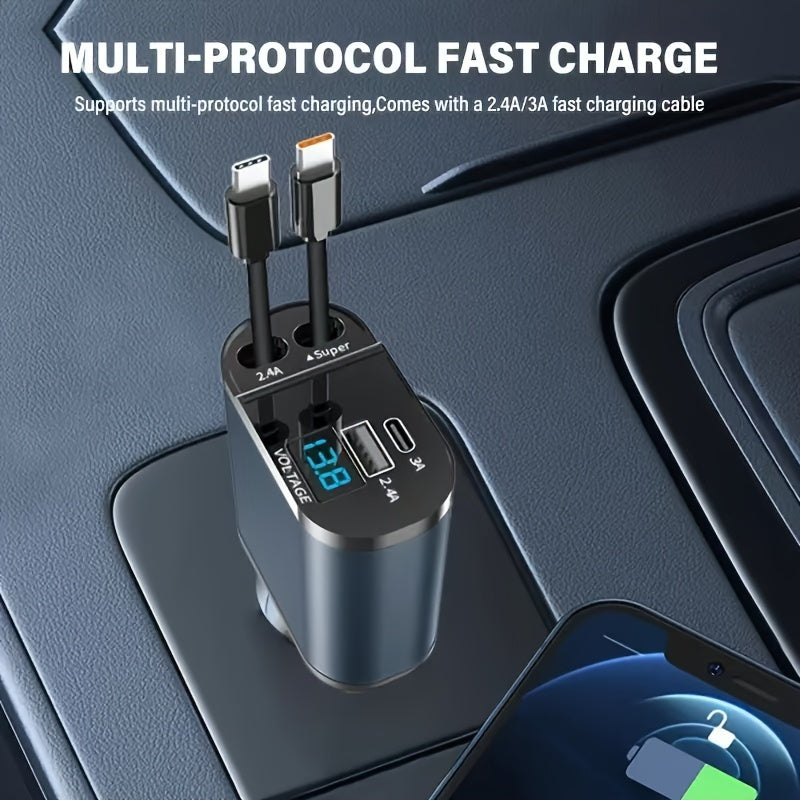 120W Fast retractable Type C car charger with two cables and USB port adapter.