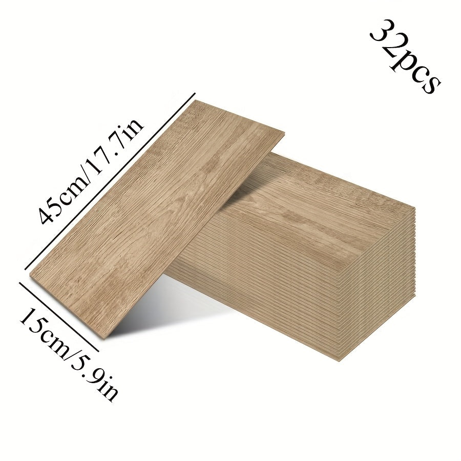 32 peel and paste floor tiles with wood grain design, 45cmx15cm, self-adhesive, waterproof, suitable for bedroom and home decor.