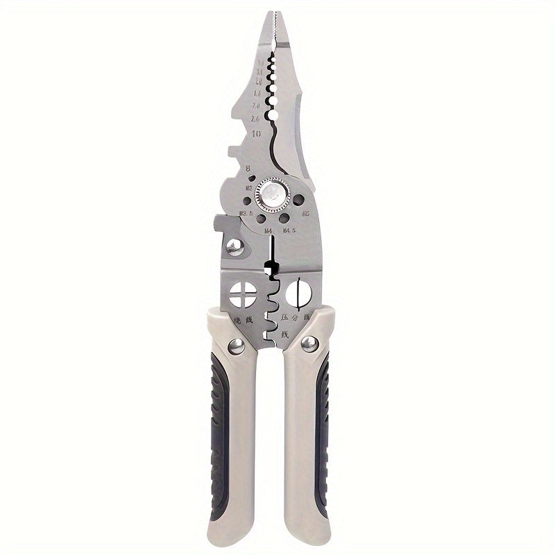 Stainless steel wire cutter/stripper pliers for electrical work, 21.59cm long with multiple functions for wiring jobs.