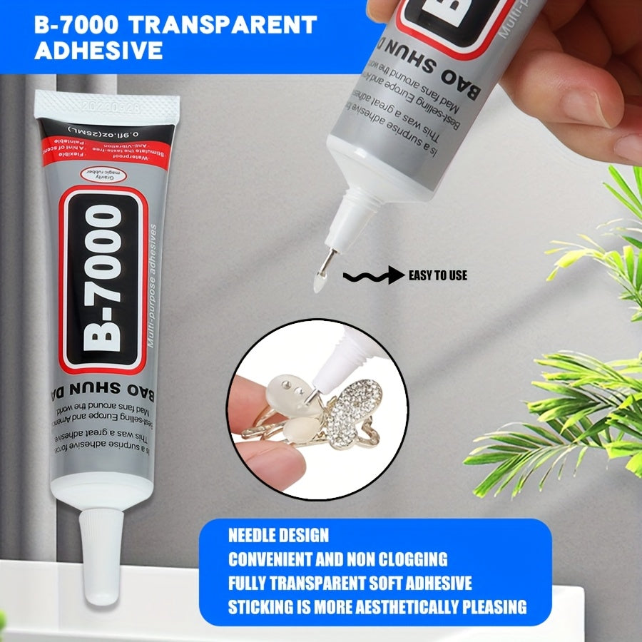 B-7000 is a versatile semi-fluid adhesive with strong bonding properties, suitable for jewelry making, gemstone setting, DIY repairs, and works well on materials like plastic, metal, glass